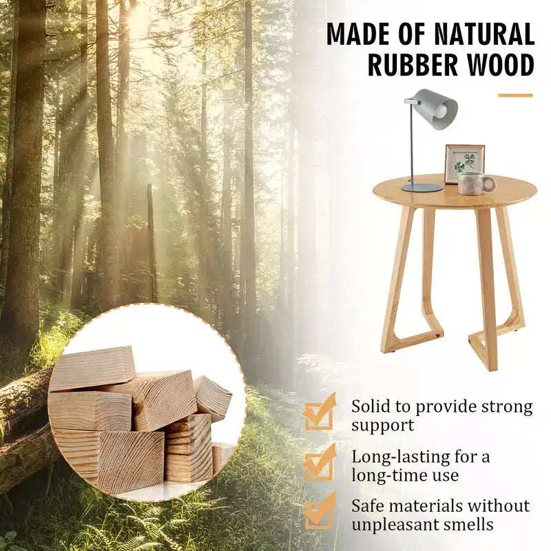 Tavolino rotondo 24" in legno massello di Hevea, tavolino da salotto/comodino per piccoli spazi, marrone/naturale
