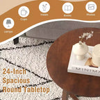 Tavolino rotondo 24" in legno massello di Hevea, tavolino da salotto/comodino per piccoli spazi, marrone/naturale