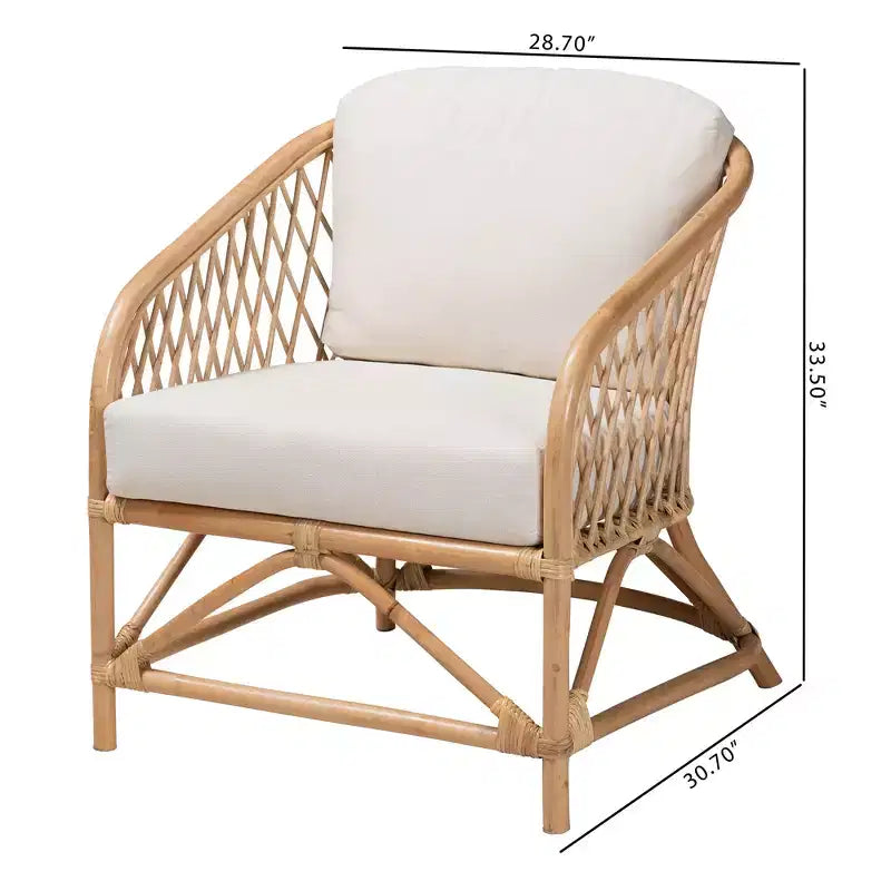 Poltrona Patsy Bohemien Moderno in Tessuto Bianco e Rattan Naturale Marrone