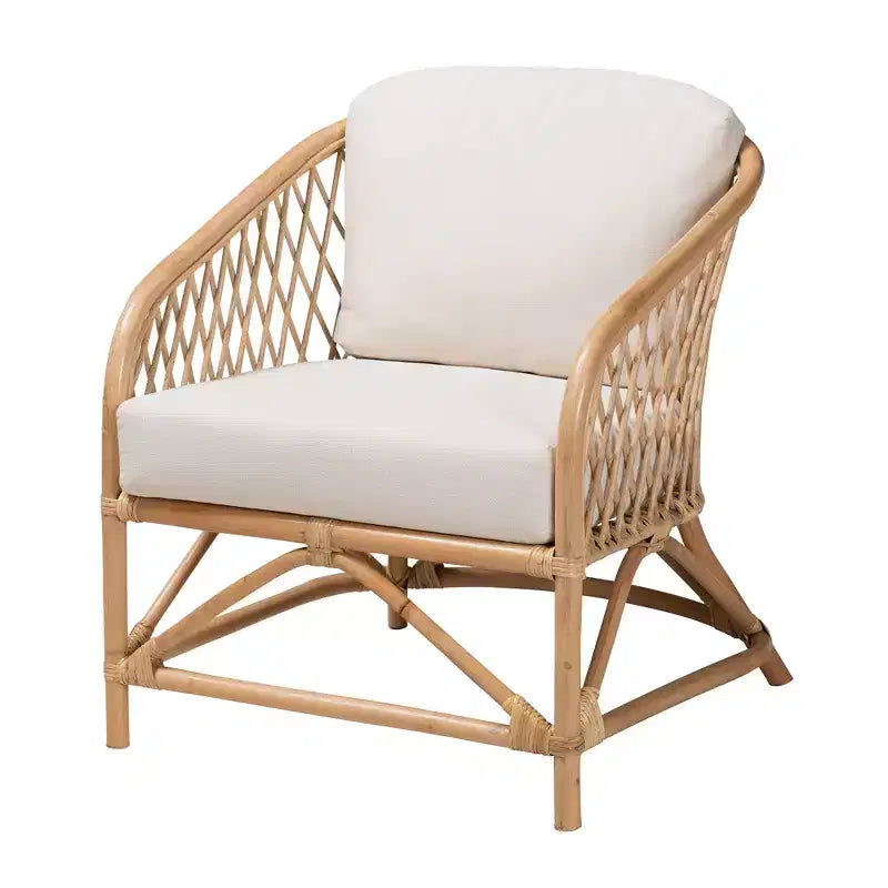 Poltrona Patsy Bohemien Moderno in Tessuto Bianco e Rattan Naturale Marrone