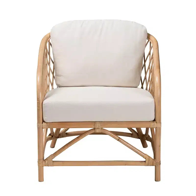 Poltrona Patsy Bohemien Moderno in Tessuto Bianco e Rattan Naturale Marrone