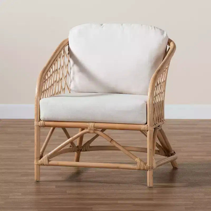 Poltrona Patsy Bohemien Moderno in Tessuto Bianco e Rattan Naturale Marrone