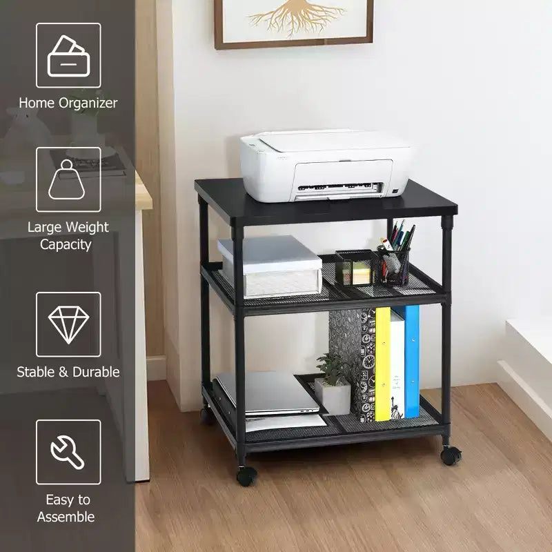 Carrello per stampante a 3 livelli con ruote e ripiano regolabile, Marrone/Nero